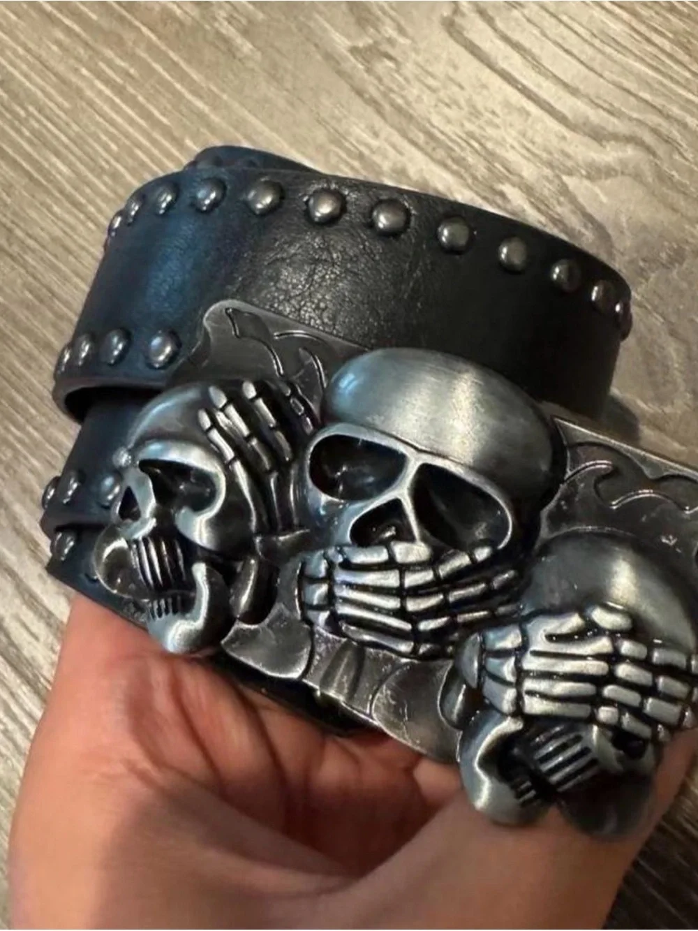 Black Skull Studded Leather Belt with Silver Buckle